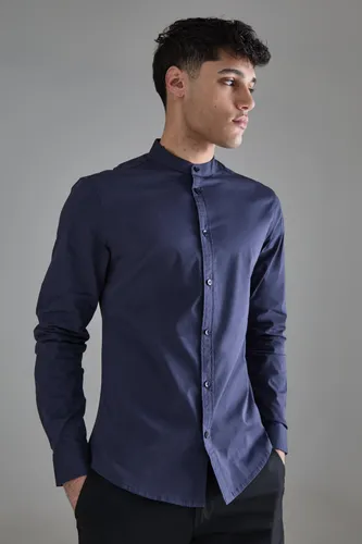 Men's Long Sleeve Grandad Collar Slim Shirt - Navy - S, Navy