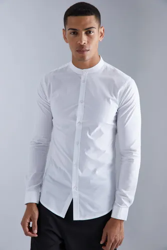 Men's Long Sleeve Grandad Collar Slim Shirt - White - S, White