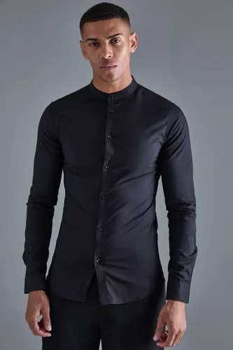 Men's Long Sleeve Grandad Collar Stretch Shirt - Black - S, Black