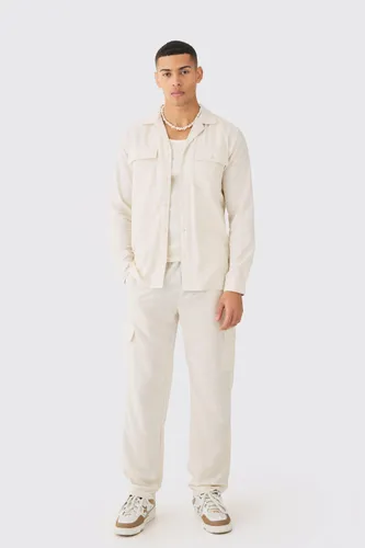 Men's Long Sleeve Linen Cargo Shirt & Trouser - Beige - S, Beige