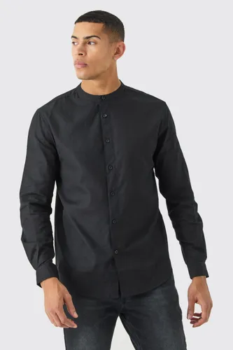 Men's Long Sleeve Linen Grandad Collar Shirt - Black - S, Black