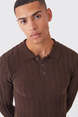 Men's Long Sleeve Muscle Ribbed Polo - Brown - M, Brown