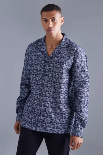 Men's Long Sleeve Oversized Denim Look Textured Shirt - Navy - S, Navy