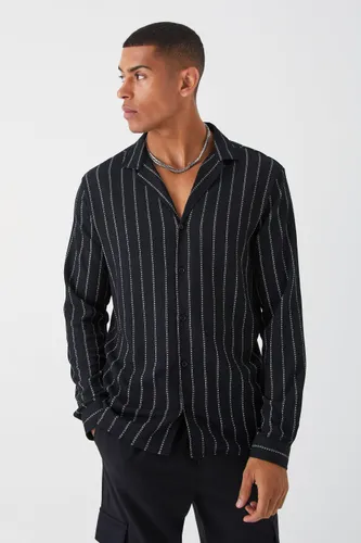 Men's Long Sleeve Regular Drop Revere Stripe Shirt - Black - L, Black