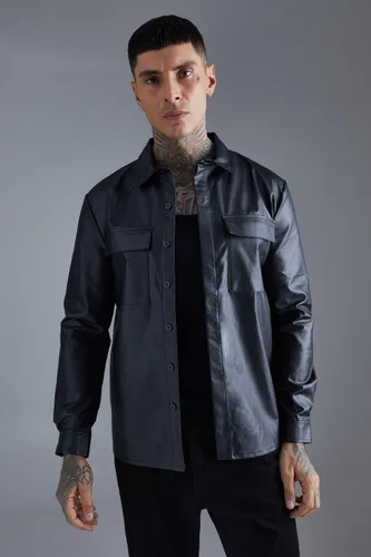 Men's Long Sleeve Regular Fit Pu Overshirt - Black - M, Black