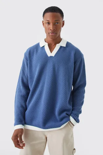 Men's Long Sleeved Oversized Contrast Collar Knitted Polo - Blue - Xs, Blue