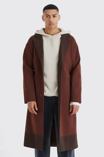 Men's Longline Colour Block Belted Overcoat - Brown - S, Brown