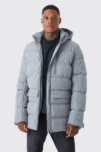 Men's Longline Quilted Puffer With Hood - Grey - Xs, Grey