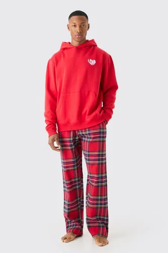 Men's Love Hoodie & Check Lounge Bottom Set - Red - L, Red