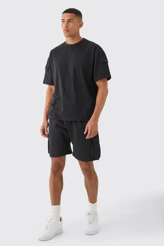 Men's Man Oversized Cargo T-Shirt And Relaxed Short Set - Black - S, Black