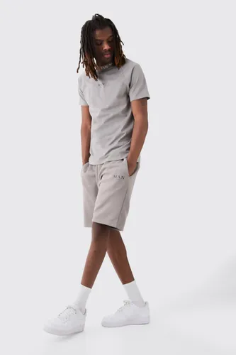 Men's Man Roman Neck Rib Slim Tshirt And Shorts Set - Grey - L, Grey