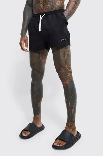 Men's Man Signature Short Length Swim Shorts - Black - S, Black