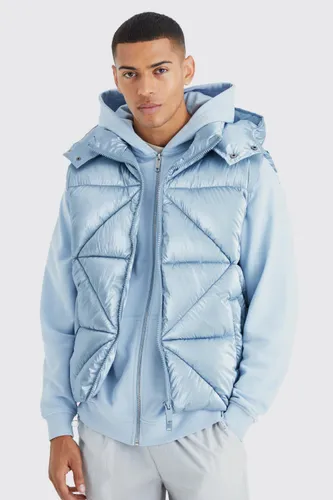 Men's Metallic Quilted Gilet With Hood - Blue - L, Blue