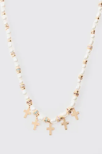 Mens Metallics Pearl Bead Necklace With Cross Charms In Gold, Metallics