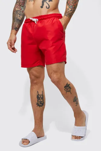 Men's Mid Length Plain Swim Shorts - Red - S, Red