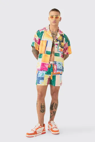 Mens Multi Palm Tree Tile Shirt & Swim Short Set, Multi