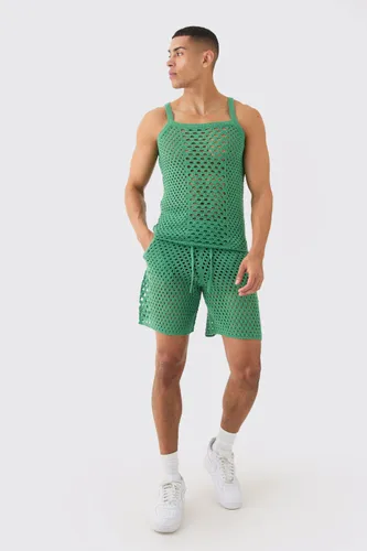 Men's Muscle Fit Knitted Vest Short Set - Green - S, Green