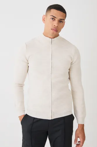 Men's Muscle Fit Zip Through Knitted Jacket - Cream - S, Cream