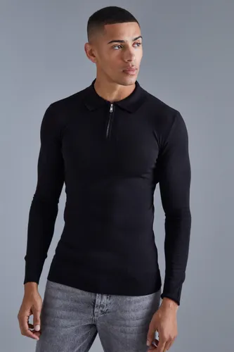 Men's Muscle Long Sleeve Half Zip Polo - Black - M, Black