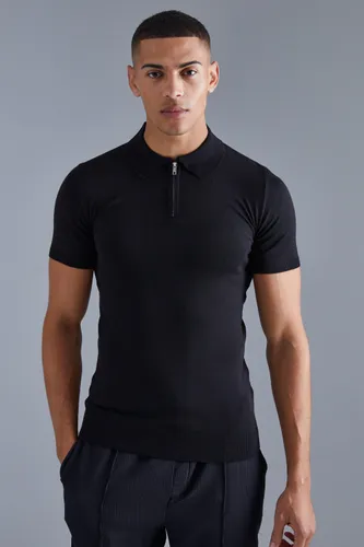 Men's Muscle Short Sleeve Half Zip Polo - Black - L, Black