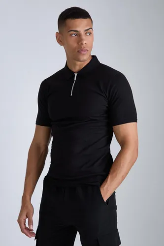 Men's Muscle Zip Neck Polo - Black - S, Black