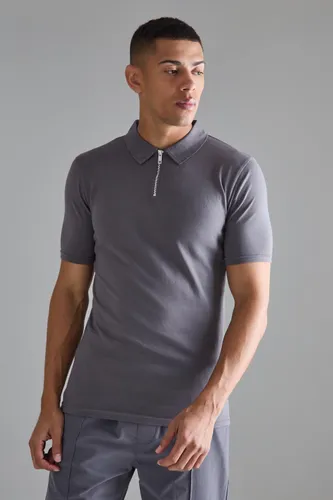 Men's Muscle Zip Neck Polo - Grey - L, Grey