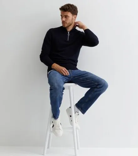 Men's Navy Fine Knit Zip Neck Slim Fit Jumper New Look