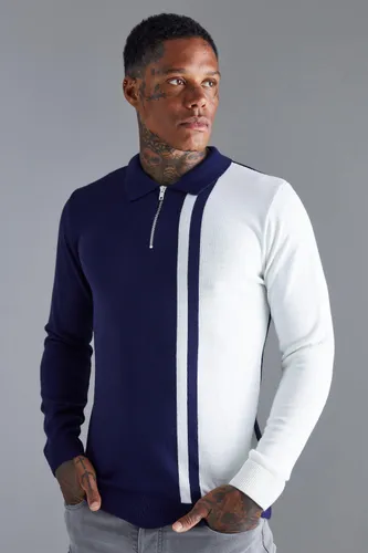 Mens Navy Long Sleeve Muscle Fit Colour Block Knit Polo, Navy