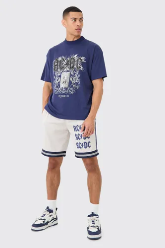 Mens Navy Oversized Acdc License T-shirt And Mesh Short Set, Navy