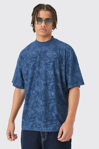 Mens Navy Oversized Burnout Towelling Jacquard T-shirt, Navy
