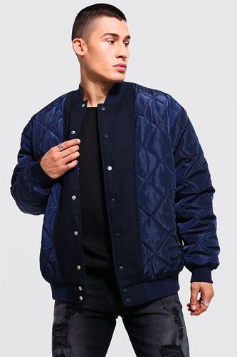 Mens Navy Oversized Quilted Mixed Fabric Bomber, Navy