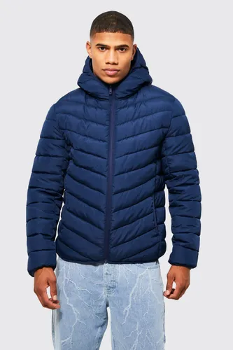 Mens Navy Quilted Zip Through Jacket With Hood, Navy