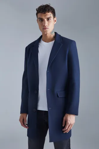 Mens Navy Single Breasted Wool Mix Overcoat, Navy