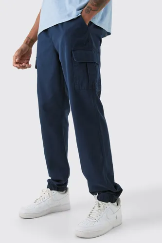 Mens Navy Tall Elastic Waist Twill Slim Fit Cargo Trouser, Navy
