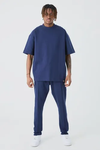 Mens Navy Tall Oversized T-shirt & Taper Jogger Interlock Set, Navy