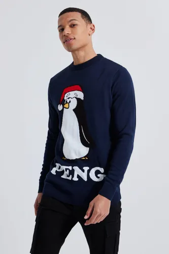 Mens Navy Tall Peng Novelty Christmas Jumper, Navy
