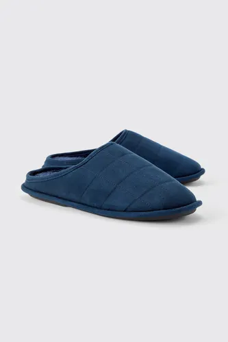 Mens Navy Velour Quilted Slippers, Navy