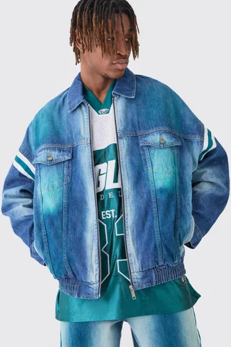 Men's Nfl Eagles Oversized Zip Applique Tinted Denim Jacket - Blue - Xs, Blue