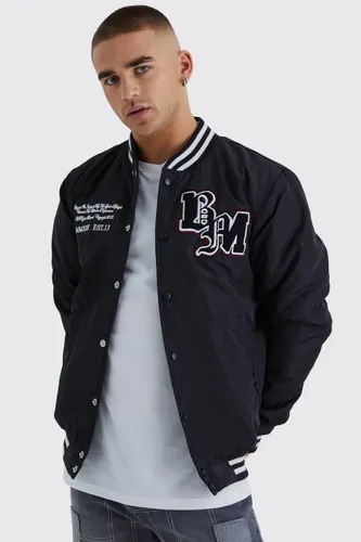 Men's Nylon Varsity Jacket With Badges - Black - S, Black