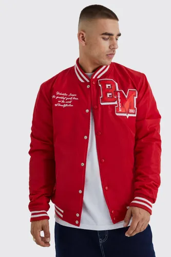 Men's Nylon Varsity Jacket With Badges - Red - S, Red