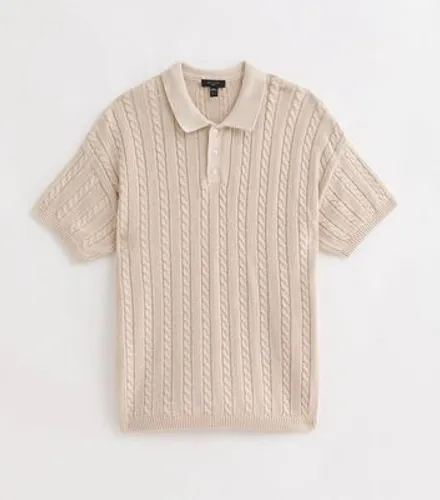 Men's Off White Cable Knit Relaxed Fit Short Sleeve Polo Top New Look