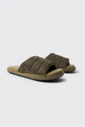 Men's Open Toe Quilted Nylon Slippers - Green - 9, Green