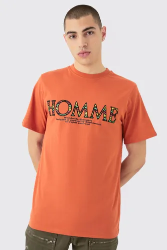 Mens Orange Homme Embroidered Graphic T-shirt, Orange