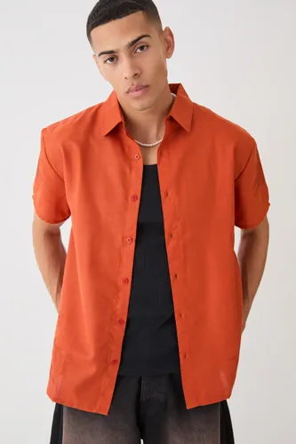 Mens Orange Oversized Linen Look Embroidered Hem Shirt, Orange