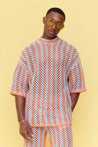 Mens Orange Oversized Open Stitch Stripe Knitted T-shirt, Orange