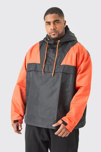 Mens Orange Plus Oversized Man Half Zip Hooded Windbreaker, Orange