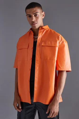 Mens Orange Pu Boxy Oversized Shirt, Orange