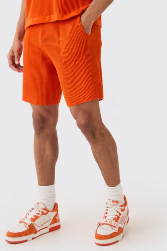 Mens Orange Relaxed Mid Length Ribbed Knit Short, Orange