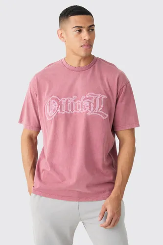 Men's Oversized Acid Wash Official Embroidered Distressed T-Shirt - Pink - M, Pink