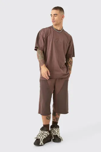 Men's Oversized Bhm Applique T-Shirt & Carpenter Jort Set - Brown - S, Brown